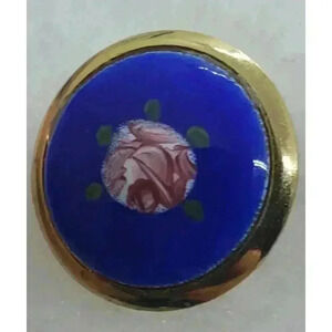 Vintage Brooch Blue Guilloche Enamel Hand Painted Pink Rose Gold Tone Frame
